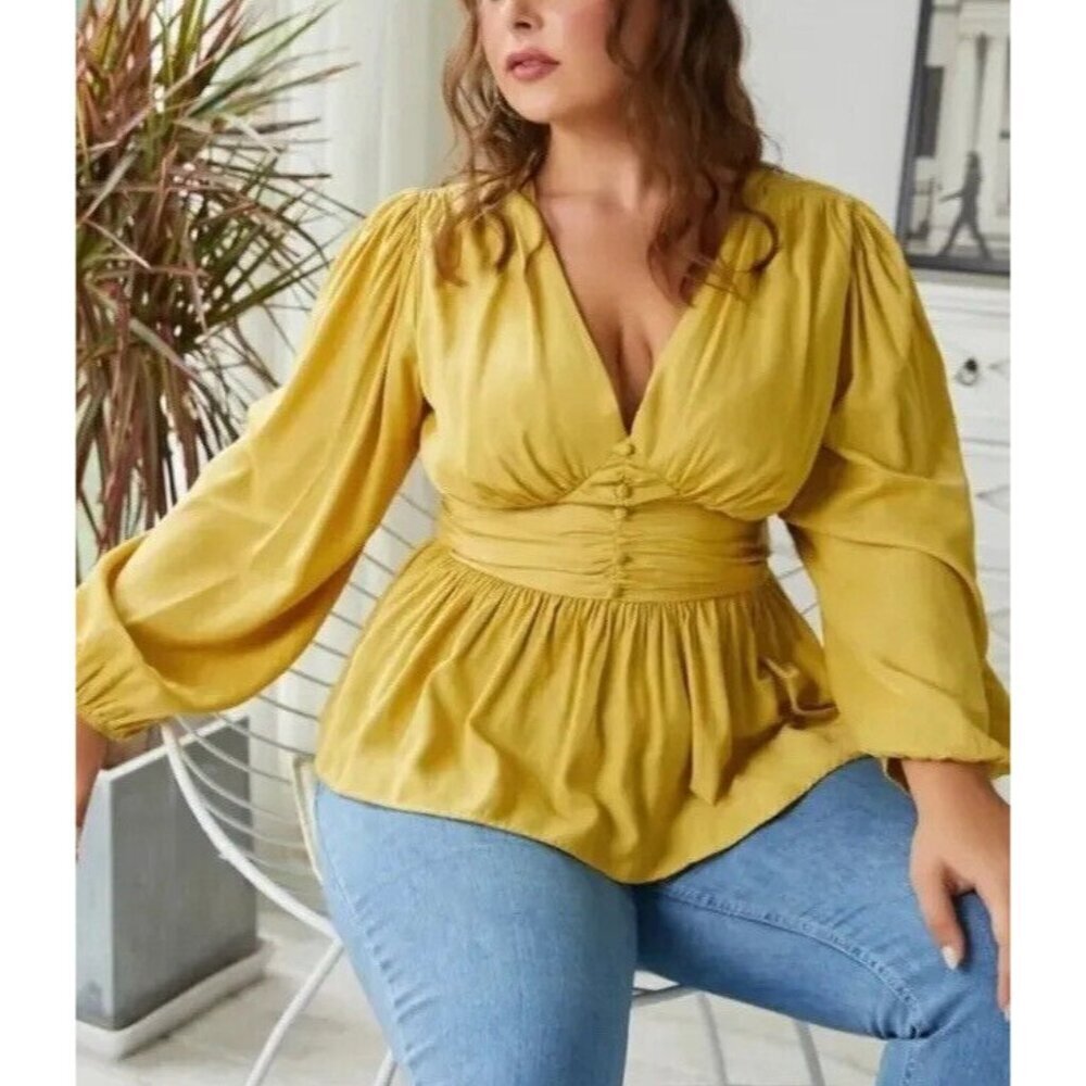 SBETRO Women's Classic Long Sleeve Blouse  Size 1XL Gold